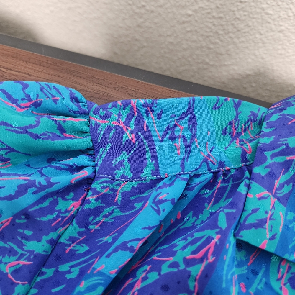 Vintage 80s Gailord Blue Polyester Button Front Blouse - Picture 8 of 9